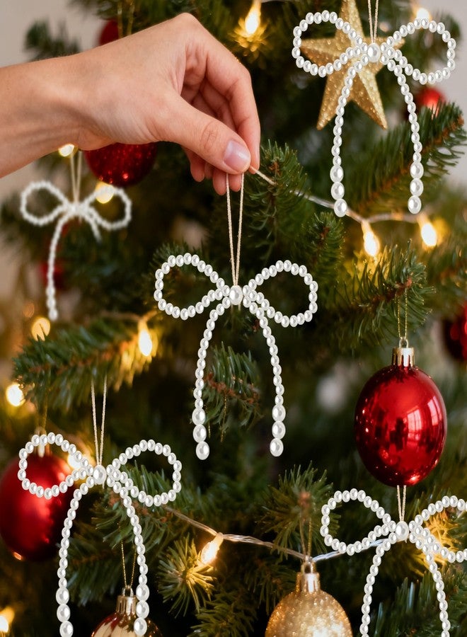 Solldgt Pearl Bow Christmas Ornaments White, 12Pcs Bowknot Christmas Tree Decor Xmas Ornament Hanging Pendant Decoration, Cake/Cupcake Topper Decorations for Wedding Bridal Baby Shower Birthday Party Supplies - Image 3